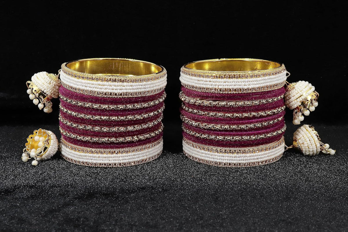 NMII Alloy Metal with Zircon Gemstone, Pearls and Velvet Latkan Golden Bangles Set For Girls and Women