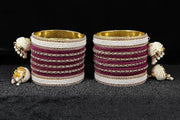 NMII Alloy Metal with Zircon Gemstone, Pearls and Velvet Latkan Golden Bangles Set For Girls and Women
