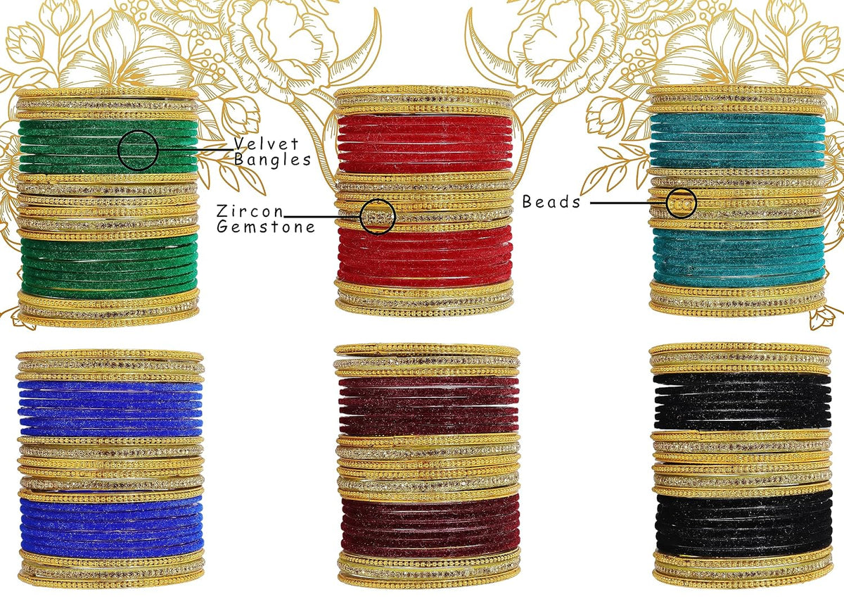 NMII Stylish Multicolour Glass Bangles Set For Women's & Girls Studded Golden Zircon Gemstone, Ballchain and Velvet Bangles | Fancy Glass Bangles Set- Pack of 144 Bangles