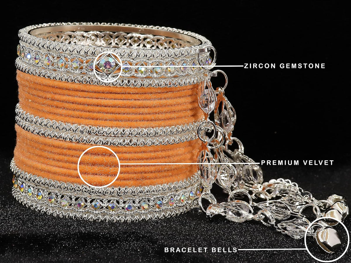 NMII Metal With Zircon Gemstone and Bells Latkan Linked Velvet Bangles For Women and Girls