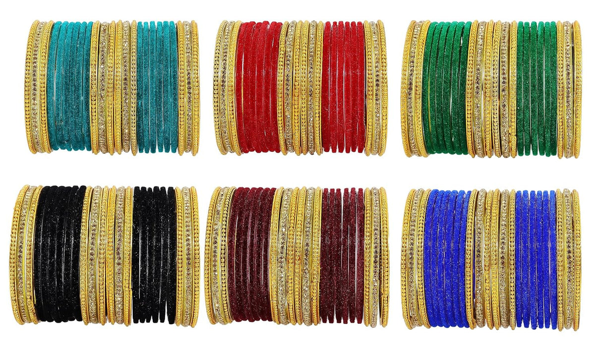 NMII Stylish Multicolour Glass Bangles Set For Women's & Girls Studded Golden Zircon Gemstone, Ballchain and Velvet Bangles | Fancy Glass Bangles Set- Pack of 144 Bangles