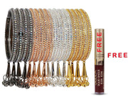 NMII Alloy Metal With Zircon Gemstone and Bells Latkan Linked Traditional Bangles Set For Girls and Women