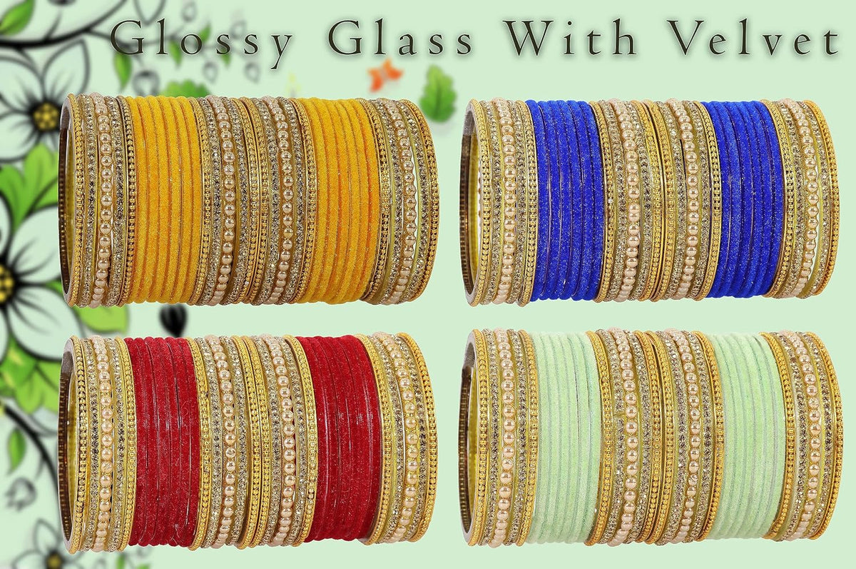NMII Multicolour Glass with Zircon Stone, Pearls and Golden Ballchain Studded Fancy Velvet Bangles Set For Women's and Girls | Stylish Glass Bangles Set- Pack of 128 Bangles