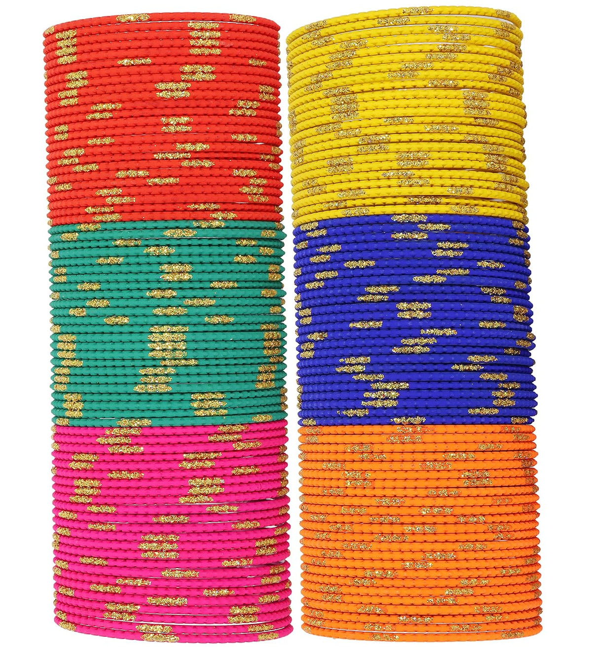 NMII Non-Precious Metal Base Metal with Cutting Shaped and Glitter Pattern Glossy Finished Bangle Set For Women and Girls, (MultiColour1_2.6 Inches), Pack Of 144 Bangle Set