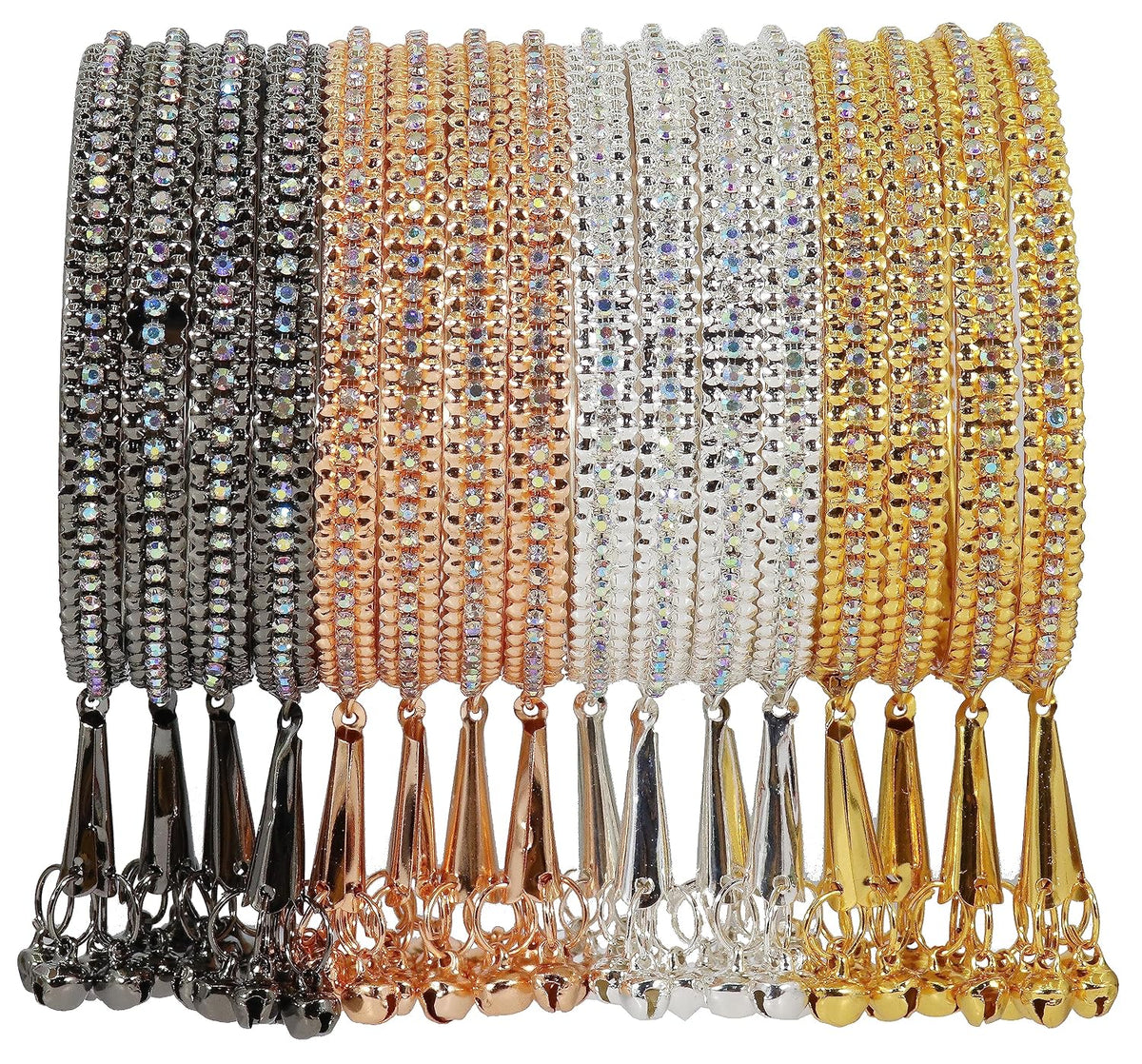 NMII Alloy Metal With Zircon Gemstone and Bells Latkan Linked Traditional Bangles Set For Girls and Women