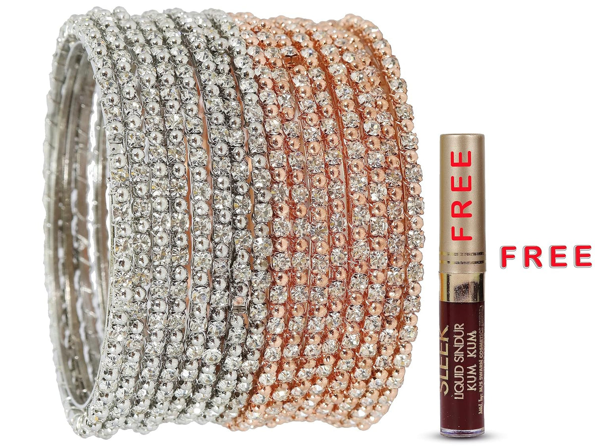 NMII Alloy Metal with Zircon Gemstone and Pearls Adorned Bangles Set For Women and Girls