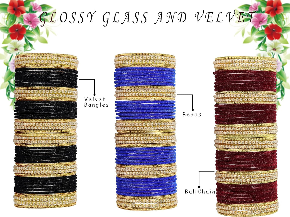NMII Glass with Premium Velvet, Pearls and Ballchain Studded Fancy Bangles Set For Women's and Girls | Multicolour Stylish Bangles Set- Pack of 144 Bangles
