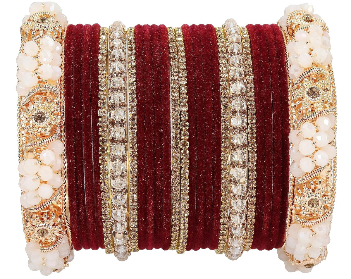 NMII Alloy Metal with Zircon Gemstone, Pearls & Velvet Adorned Alloy Bangles Set For Girls and Women