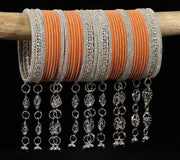 NMII Metal With Zircon Gemstone and Bells Latkan Linked Velvet Bangles For Women and Girls