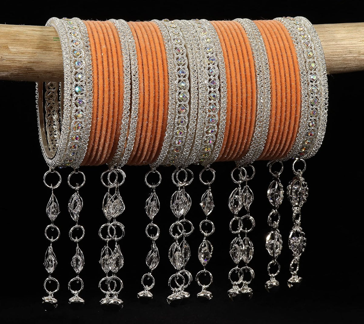 NMII Metal With Zircon Gemstone and Bells Latkan Linked Velvet Bangles For Women and Girls