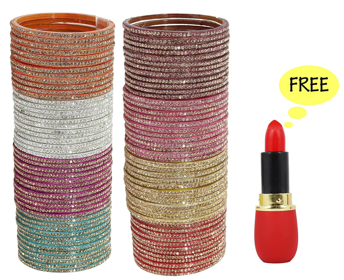 NMII Glass with Zircon Gemstone and Beads Studdded Glossy Finished Traditional Bangle Set For Women and Girls