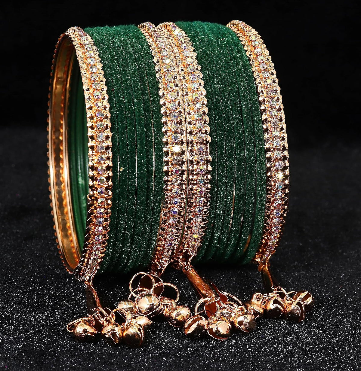 NMII Metal with Zircon Gemstone and Velvet Studded Bells Latkan Bangles Set For Girls and Women I Latkan Bangles, Premium Bangle Bracelet Set I Pack of 16 Bangles