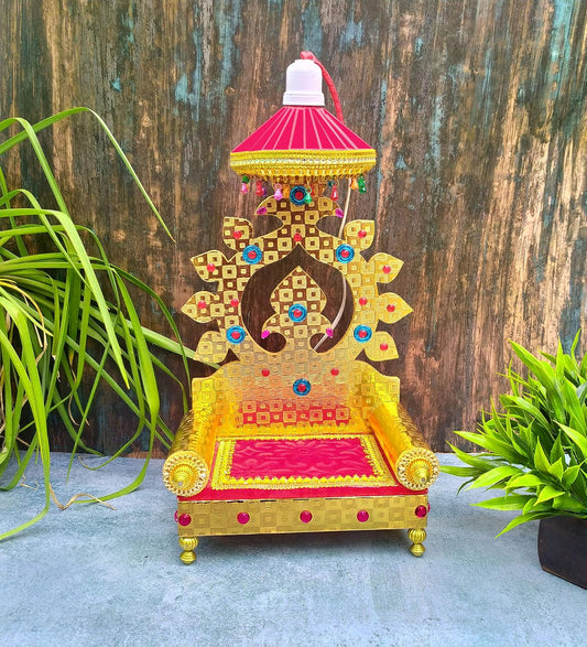 SHINDE EXPORTS Wooden Singhasan Throne with Umbrella/chatra and Light for god laddu Gopal Lord Thakur Pooja (13 inches)