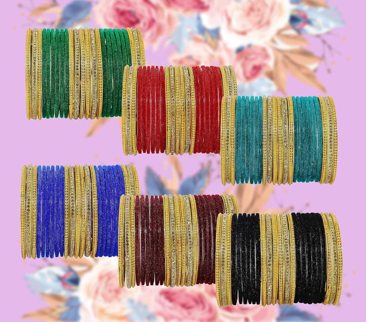 NMII Stylish Multicolour Glass Bangles Set For Women's & Girls Studded Golden Zircon Gemstone, Ballchain and Velvet Bangles | Fancy Glass Bangles Set- Pack of 144 Bangles
