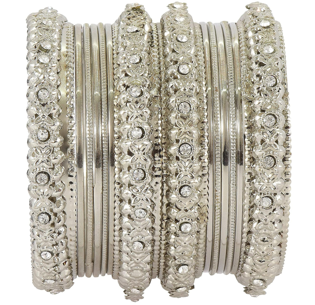 NMII Metal with Zircon Gemstone Studded Glossy Finished Flower Pattern Bangle Set For Women and Girls