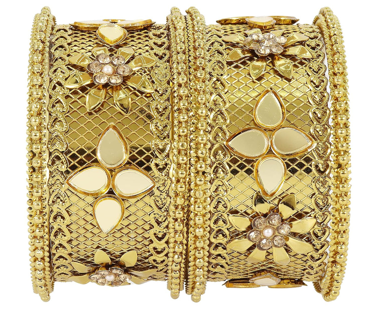 NMII Non-Precious Metal Studded with Mirror or Zircon Gemstone and Linked with Ball Chain Glossy Finished Heart Shaped Kada Bangle Set For Women and Girls