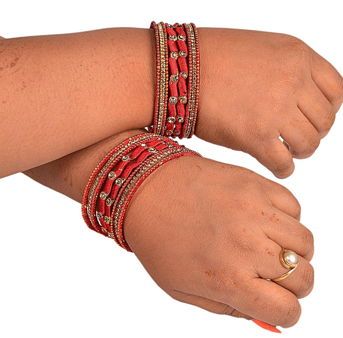 NMII Non-Precious Metal Base Metal with Zircon Gemstone Or Silk thread and Linked with Ball Chain Glossy Finished Bangle Set For Women and Girls