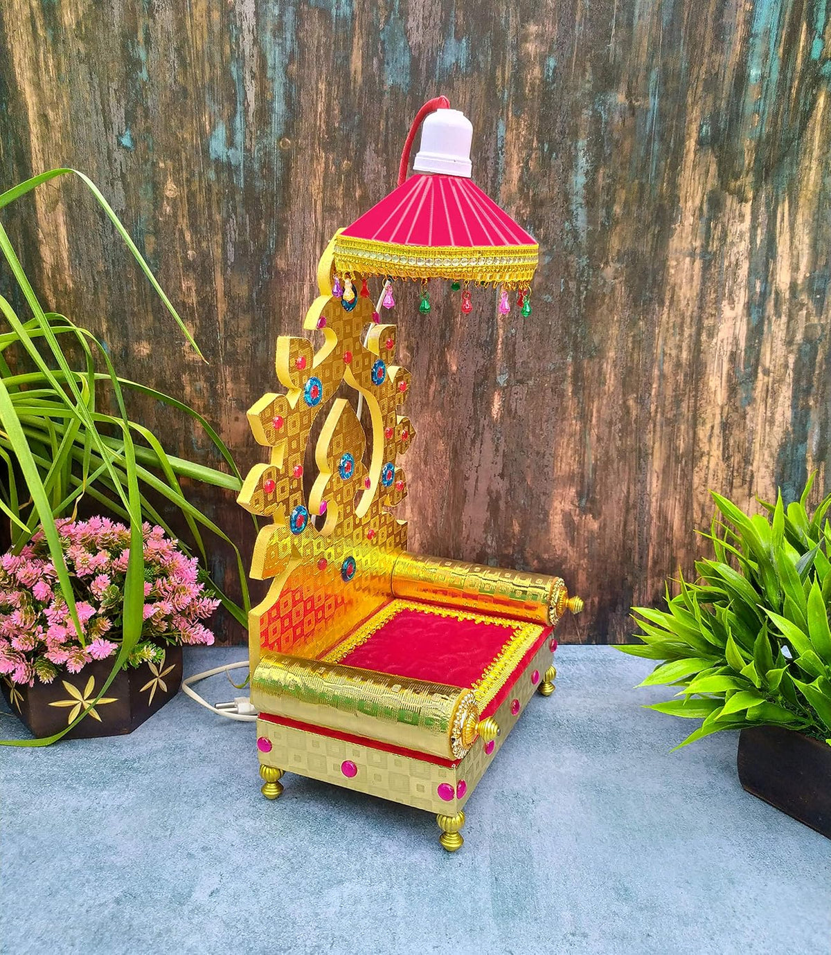 SHINDE EXPORTS Wooden Singhasan Throne with Umbrella/chatra and Light for god laddu Gopal Lord Thakur Pooja (13 inches)