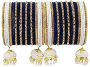 NMII Alloy Metal with Zircon Gemstone, Pearls and Velvet Latkan Golden Bangles Set For Girls and Women