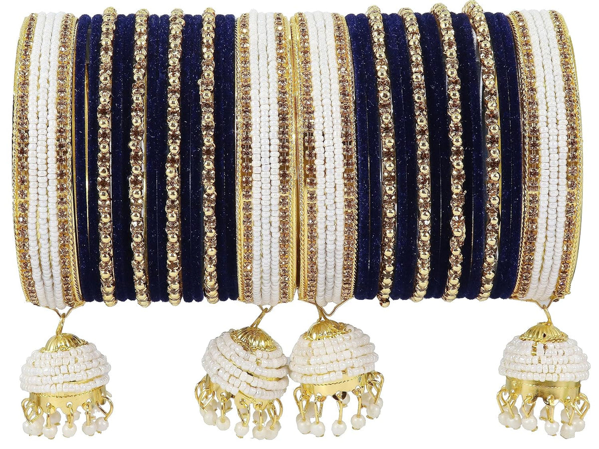 NMII Alloy Metal with Zircon Gemstone, Pearls and Velvet Latkan Golden Bangles Set For Girls and Women