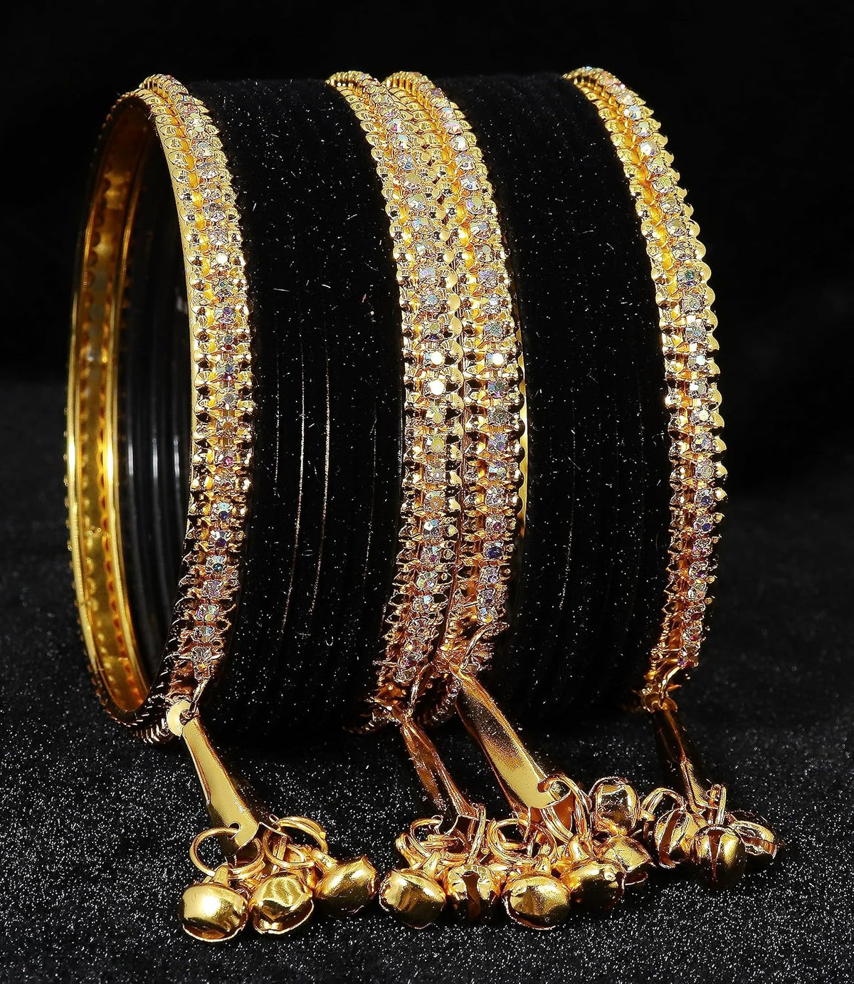 NMII Metal with Zircon Gemstone and Velvet Studded Bells Latkan Bangles Set For Girls and Women I Latkan Bangles, Premium Bangle Bracelet Set I Pack of 16 Bangles