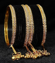 NMII Metal with Zircon Gemstone and Velvet Studded Bells Latkan Bangles Set For Girls and Women I Latkan Bangles, Premium Bangle Bracelet Set I Pack of 16 Bangles