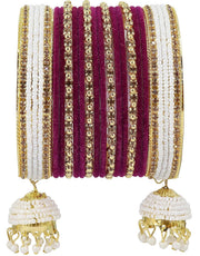 NMII Alloy Metal with Zircon Gemstone, Pearls and Velvet Latkan Golden Bangles Set For Girls and Women