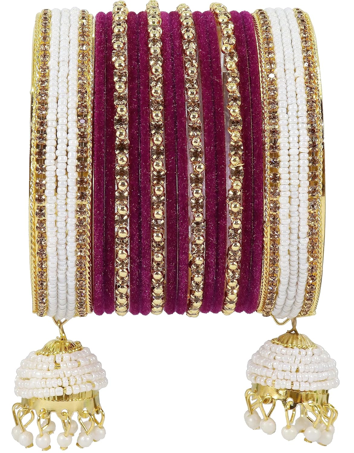 NMII Alloy Metal with Zircon Gemstone, Pearls and Velvet Latkan Golden Bangles Set For Girls and Women