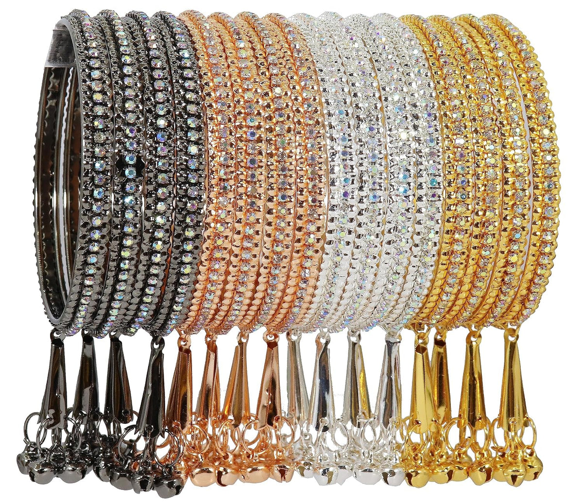 NMII Alloy Metal With Zircon Gemstone and Bells Latkan Linked Traditional Bangles Set For Girls and Women