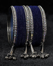 NMII Metal with Zircon Gemstone and Velvet Adorned Bells Latkan Bangles Set For Girls and Women