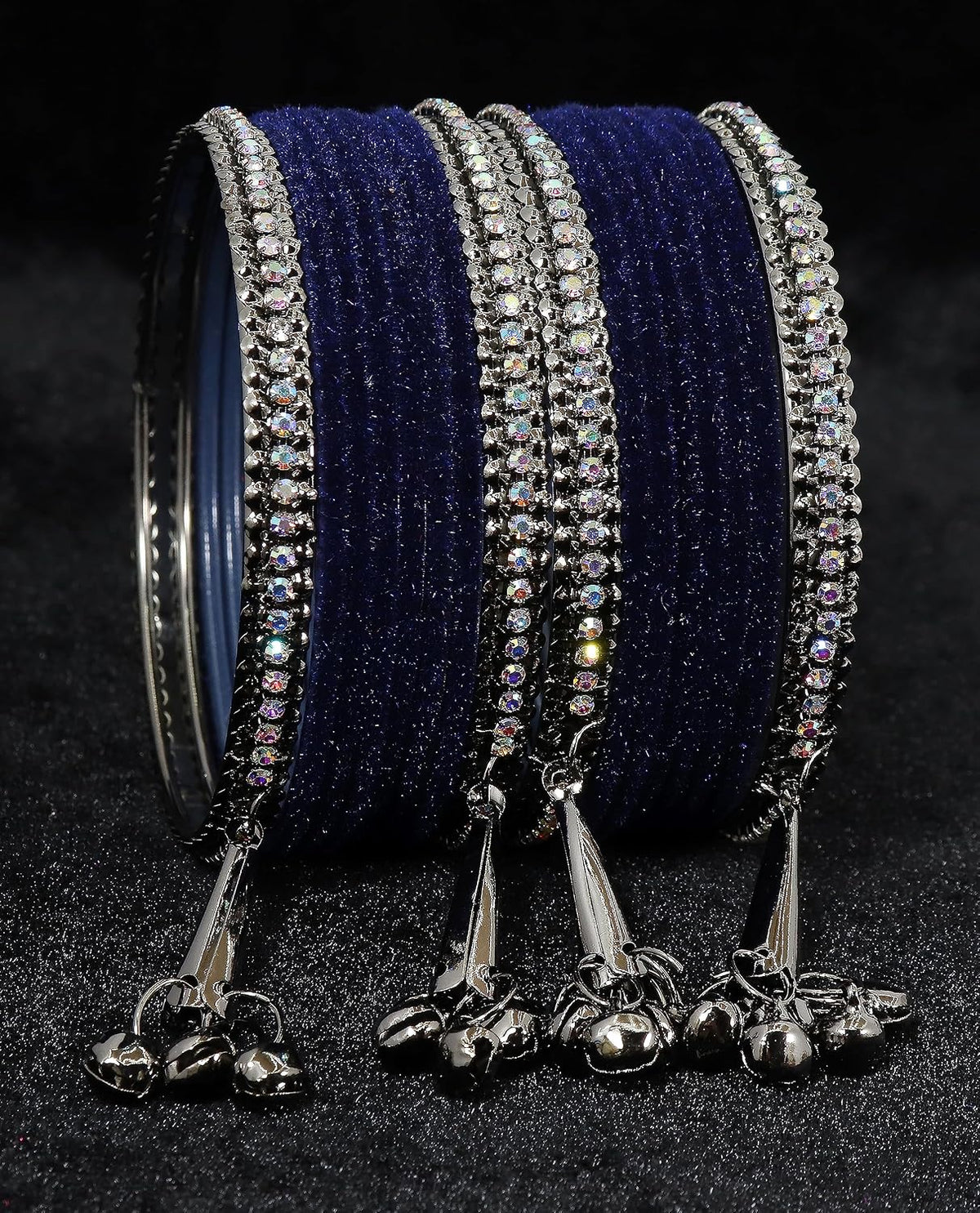 NMII Metal with Zircon Gemstone and Velvet Adorned Bells Latkan Bangles Set For Girls and Women