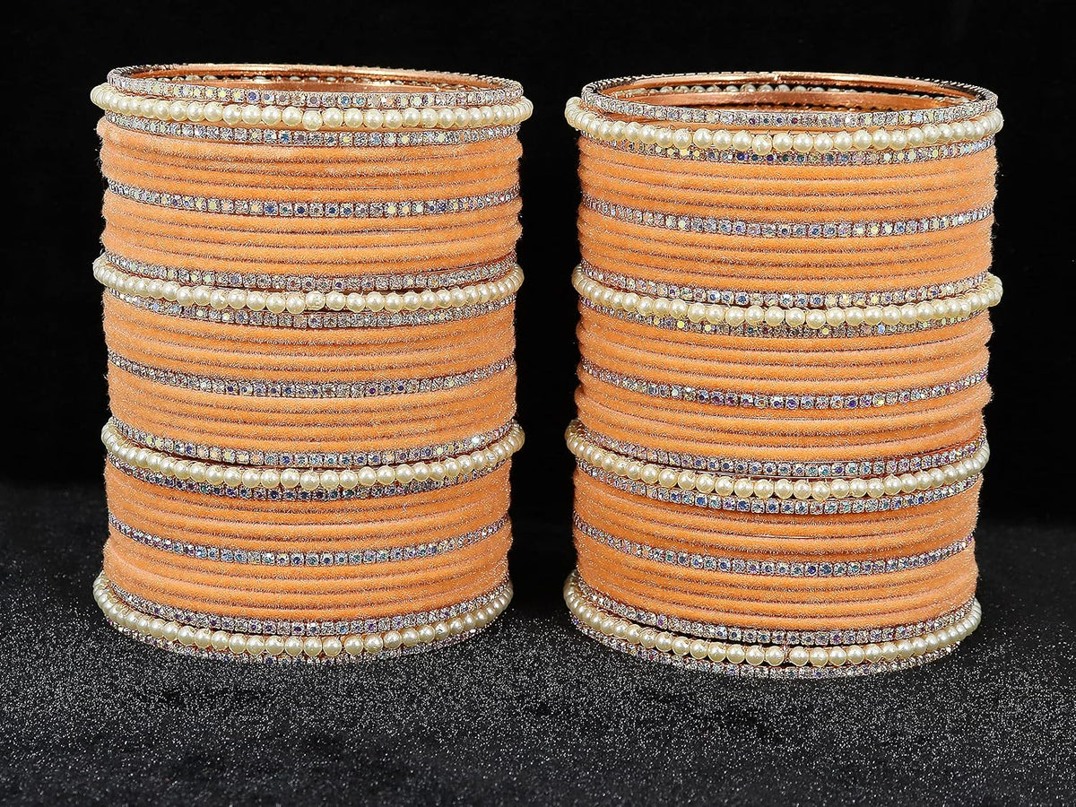 NMII Metal with Cubic Zirconia and Pearls Velvet Bangles For Women and Girls