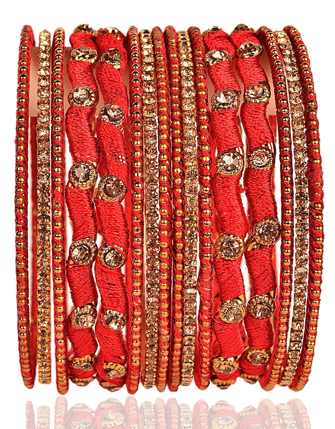 NMII Non-Precious Metal Base Metal with Zircon Gemstone Or Silk thread and Linked with Ball Chain Glossy Finished Bangle Set For Women and Girls
