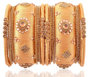 NMII Metal Base Metal with Silk thread worked and Zircon Gemstone Or Flower Shaped with Ball Chain Linked Glossy Finished Bangle Set For Women and Girls, (Golden_2.6 Inches), Pack Of 18 Bangle Set