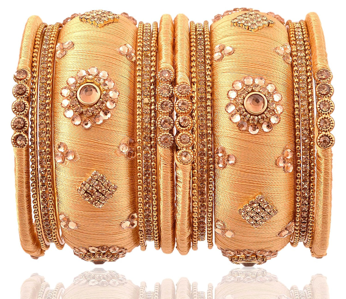 NMII Metal Base Metal with Silk thread worked and Zircon Gemstone Or Flower Shaped with Ball Chain Linked Glossy Finished Bangle Set For Women and Girls, (Golden_2.6 Inches), Pack Of 18 Bangle Set