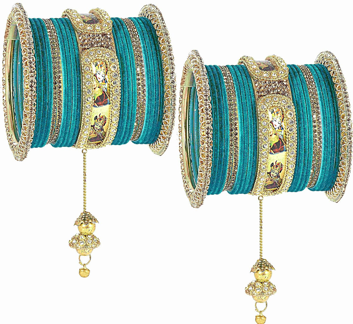 NMII Non-Precious Metal Base Metal With Velvet and Raadha Krishna Printed Design Or Zircon Gemstone Pearls Latkan Bangles Set For Women and Girls