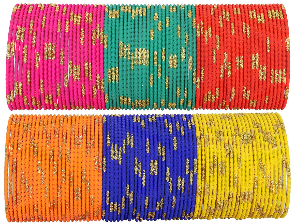 NMII Non-Precious Metal Base Metal with Cutting Shaped and Glitter Pattern Glossy Finished Bangle Set For Women and Girls, (MultiColour1_2.6 Inches), Pack Of 144 Bangle Set