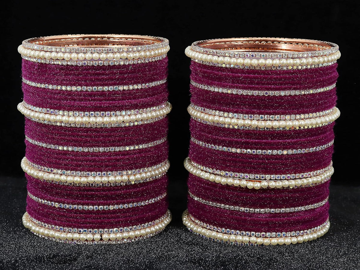 NMII Metal with Cubic Zirconia and Pearls Velvet Bangles For Women and Girls