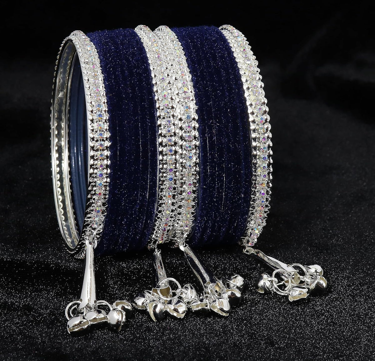 NMII Metal with Zircon Gemstone and Velvet Studded Bells Latkan Bangles Set For Girls and Women I Latkan Bangles, Premium Bangle Bracelet Set I Pack of 16 Bangles
