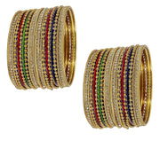 NMII Non-Precious Metal with Base Metal Zircon Gemstone Studded Glossy Finished Ballchain Linked Gold Plated Cutting Pattern Bangle set for Women and Girls