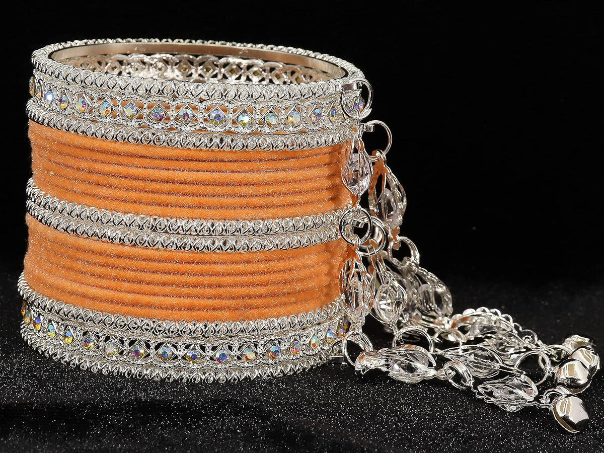 NMII Metal With Zircon Gemstone and Bells Latkan Linked Velvet Bangles For Women and Girls