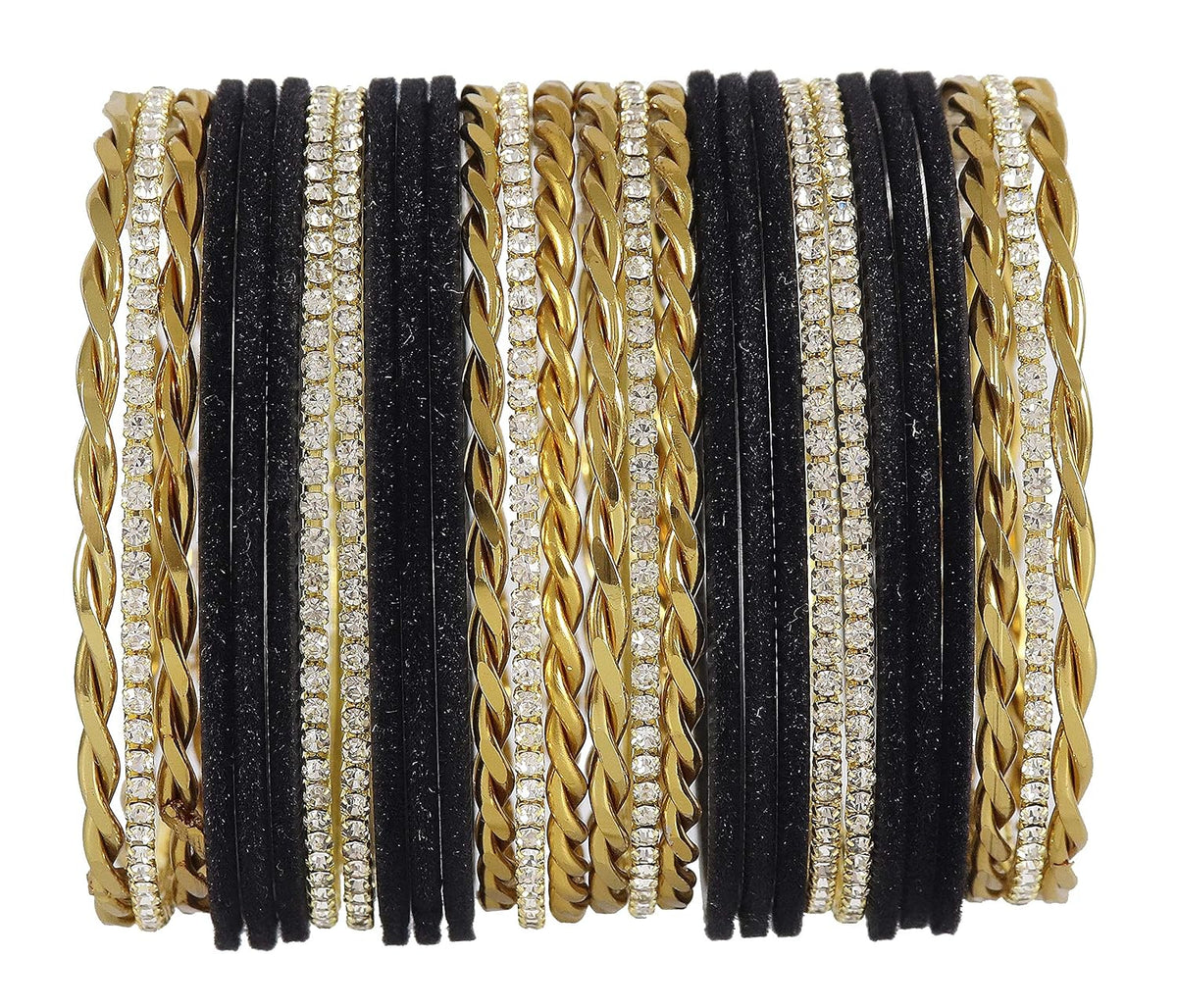 NMII Gold Plated Metal Velvet Bangles Set For Women & Girls with Zircon Gemstone Studded | Traditional Women's Bangles | Designer Gold Bangles | Fashion Jewellery- Set of 28