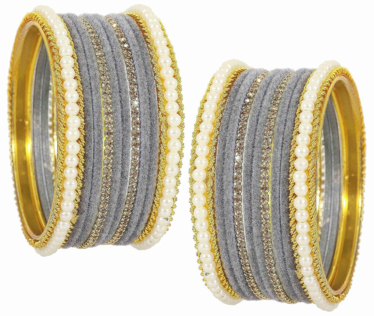 NMII Metal with Zircon Gemstone and Pearls Studded Velvet Bangle Set for Women and Girls