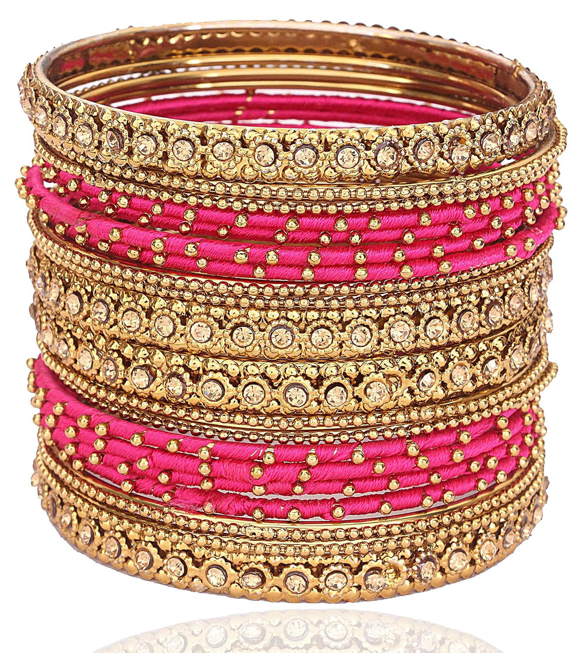 NMII Non-Precious Metal Base Metal With Silk Thread and Zircon Gemstone Studded Worked Or Linked Ball Chain Glossy Finished Bangles Set For Women and Girls