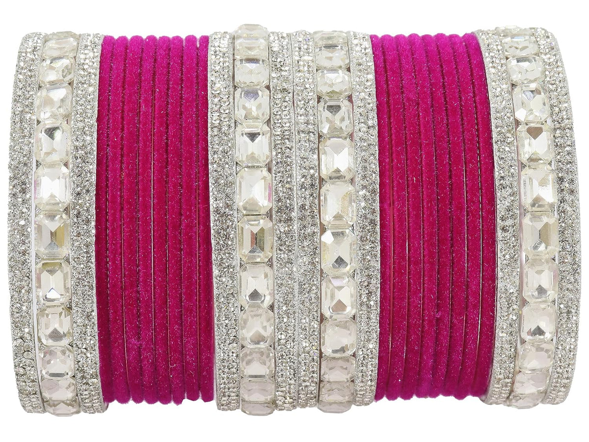 NMII Metal Bangles Set For Women and Girls Studded With Zircon Gemstone and Velvet Bangles I Chuda Bangles I Stylish Bangles Bracelet Set I Metal Bangles (Pack of 28)