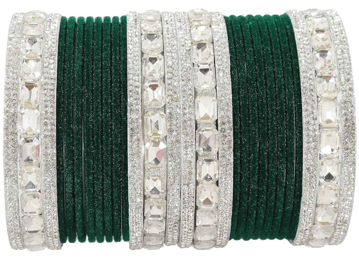 NMII Metal Bangles Set For Women and Girls Studded With Zircon Gemstone and Velvet Bangles I Chuda Bangles I Stylish Bangles Bracelet Set I Metal Bangles (Pack of 28)