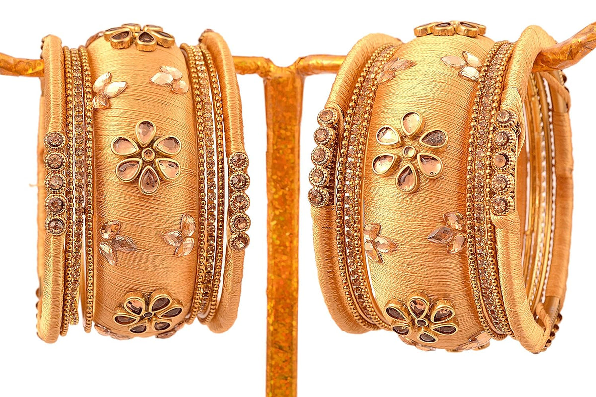 NMII Metal Base Metal with Silk thread worked and Zircon Gemstone Or Flower Shaped with Ball Chain Linked Glossy Finished Bangle Set For Women and Girls, (Golden_2.6 Inches), Pack Of 18 Bangle Set