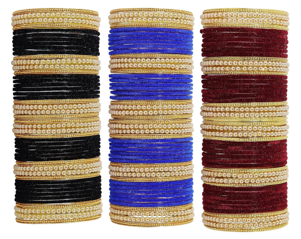 NMII Glass with Premium Velvet, Pearls and Ballchain Studded Fancy Bangles Set For Women's and Girls | Multicolour Stylish Bangles Set- Pack of 144 Bangles