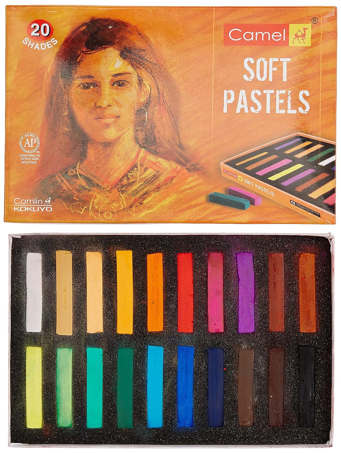 Camel Camlin Kokuyo Multicolor Pack Of 18 Shade Bottles 10Ml Each, 1 Palette, 1 Brush & Assorted 20-Shade Soft Pastel Set
