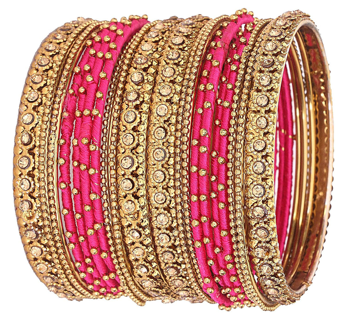 NMII Non-Precious Metal Base Metal With Silk Thread and Zircon Gemstone Studded Worked Or Linked Ball Chain Glossy Finished Bangles Set For Women and Girls